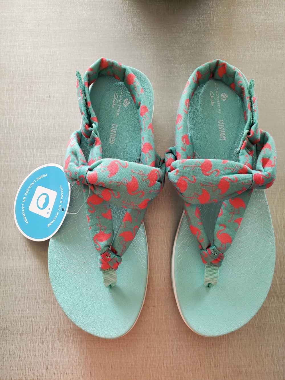Clarks Arla Nicole Cloudsteppers - Aqua  with Flamingo Print Straps